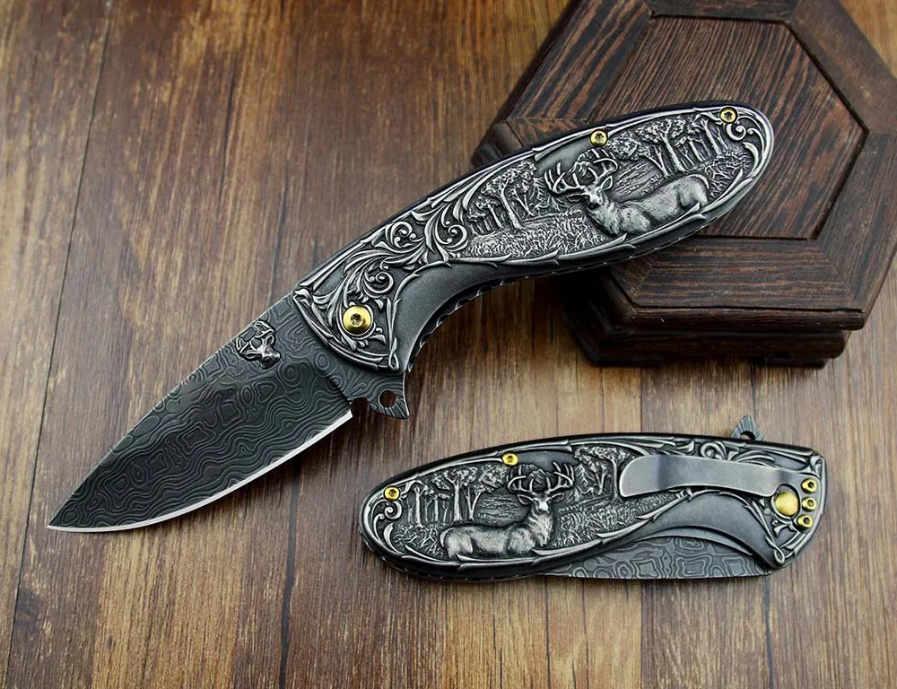 

Tactical Folding Blade Utility Knife - Stonewash 3d Deer Engraved Collection