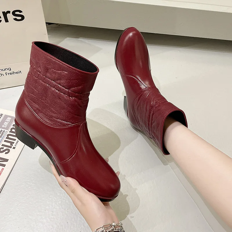 2023 Women Heels Pointed Toe Rain Boots Mid-calf Waterproof Rain Shoes Patchwork Wellies Shoes For Woman
