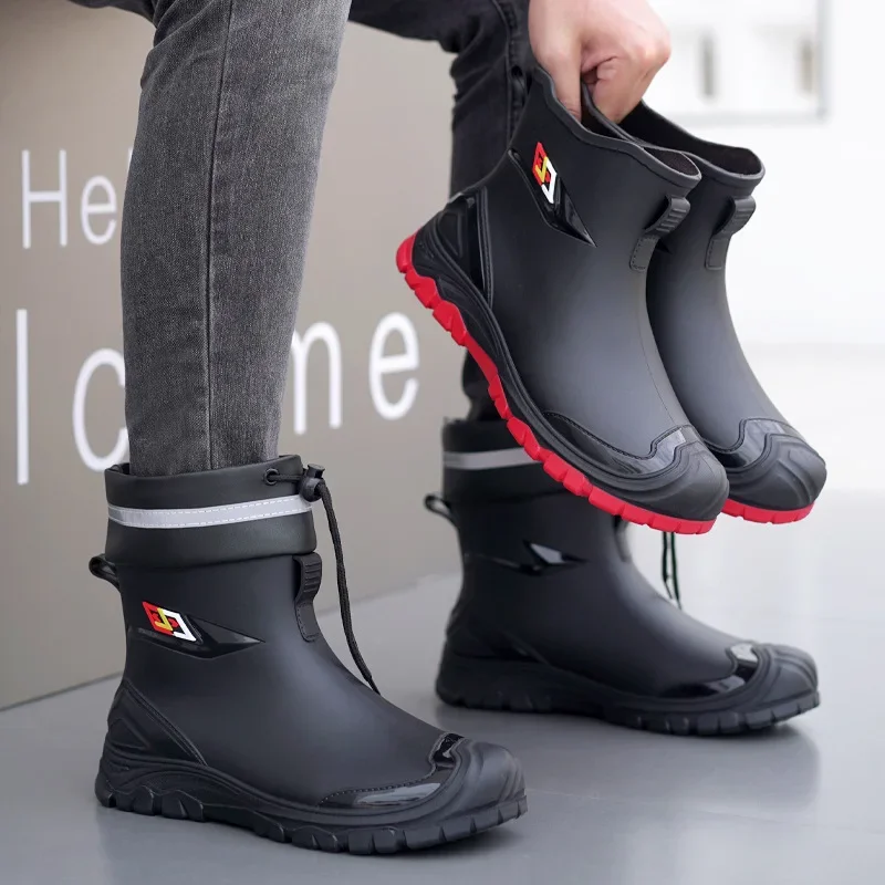 Bottes de pluie homme cheville doublure polaire épaissie antidérapantes pêche travail chaudes