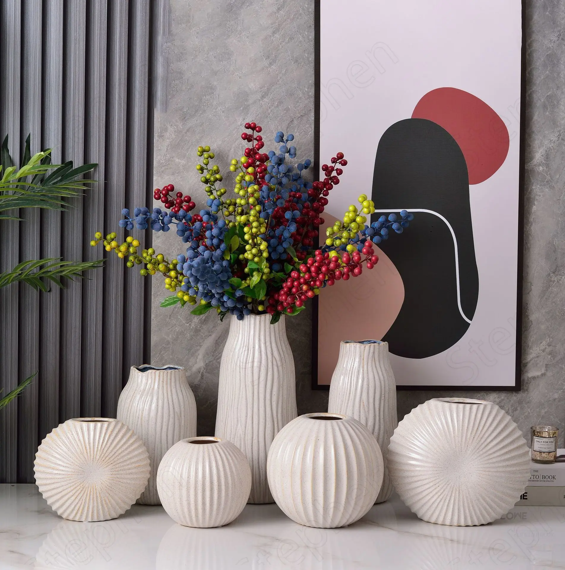 Beige Ceramic Vase Nordic Modern Relief Craft Large Tall Floor Vases for  Living Room Desktop Plant Pots Decorative Ornament