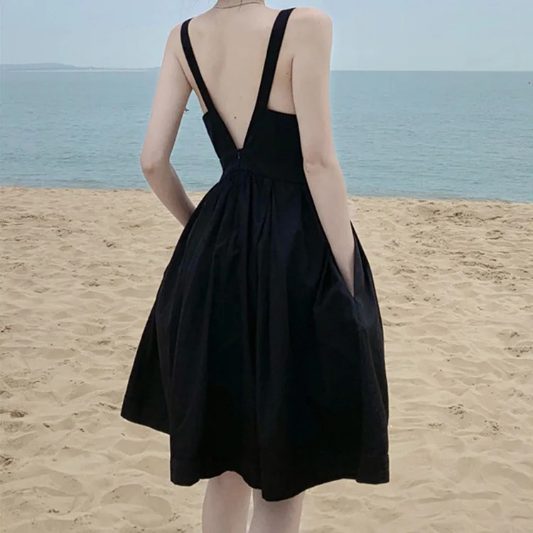 

French Hepburn V-neck suspender black dress for women with summer goddess style waist up dress vestido feminino