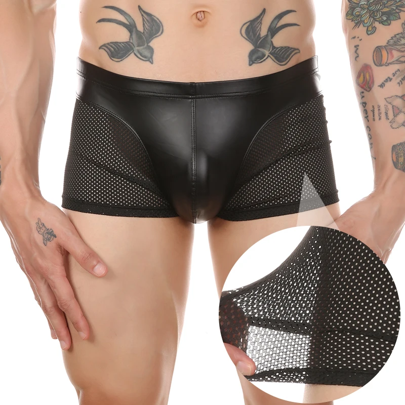 

Men's Sexy Faux Leather Mesh Soft Cropped Boxers Ultra-Thin Breathable Fishnet Panties Bulge Penis Bag Fetish Lingerie Outfit