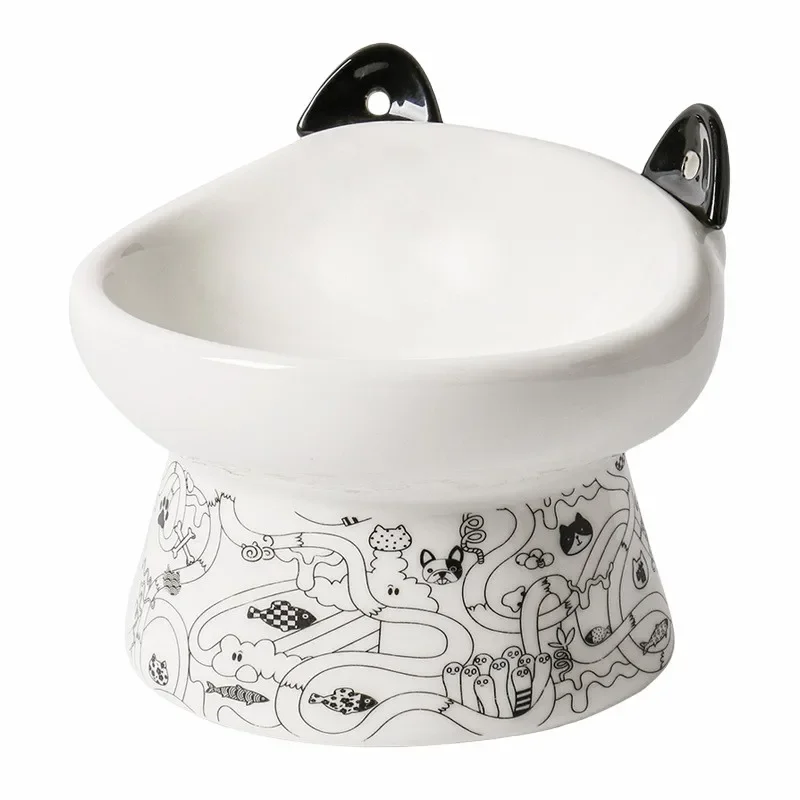 Cat bowl high-footed ceramic anti-knock protection cervical spine double food bowl pet supplies cat and dog drinking food