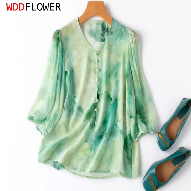

Women Silk Blouse 100% Mulberry Silk Light Green Printed 3/4 Sleeve V Neck Pullover Top Shirt M L XL MM921