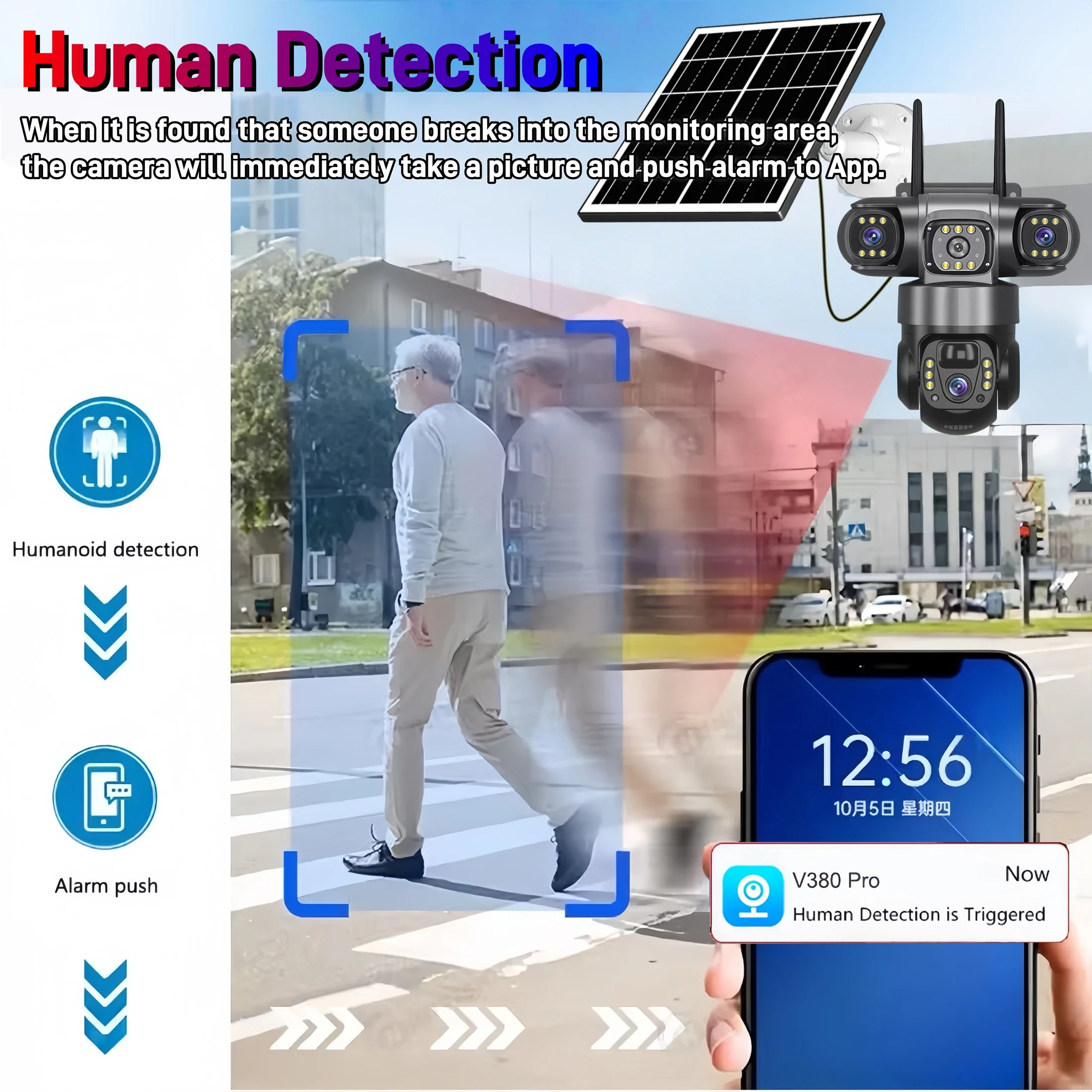 V380PRO 3 Lens WiFi Solar Camera 15MP 360 Outdoor Waterproof CCTV Night Vision Two-Way Audio Camera Mobile Tracking 4G IP Camera 6