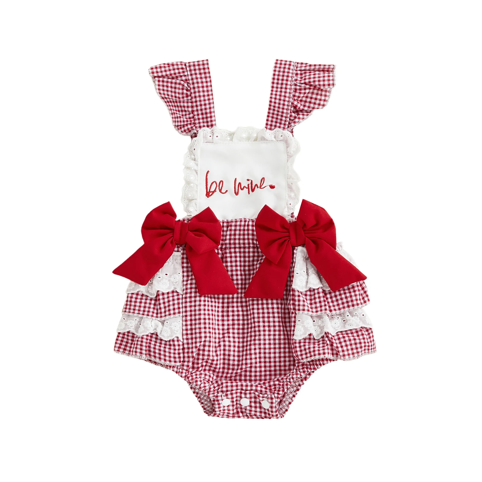 Adorable Infant Girls Rompers with Sleeveless Design Square Collar Ruffled Details Embroidered Letters and Bow Accent -