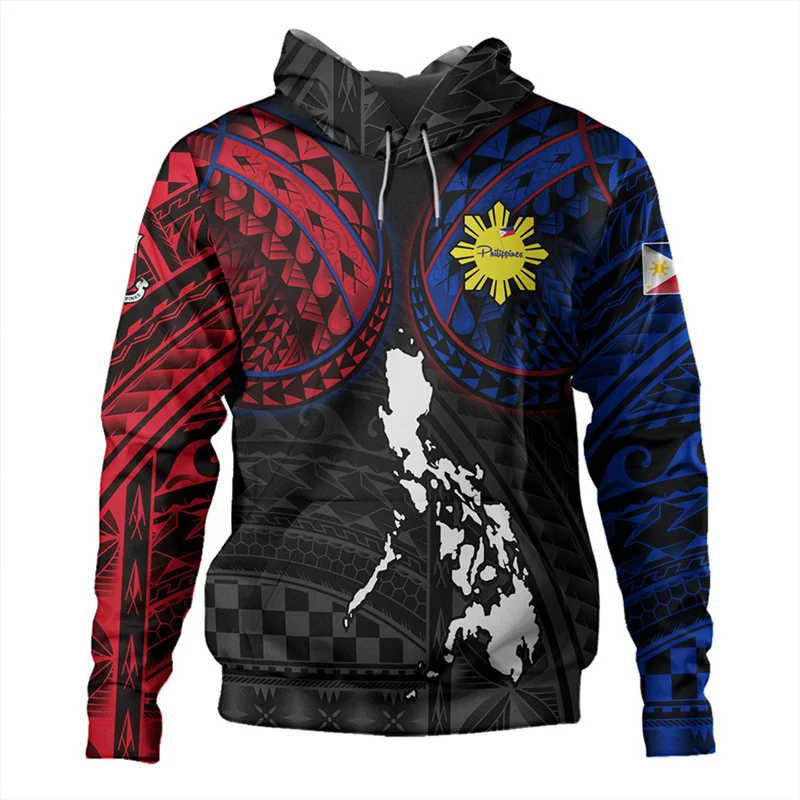 GLUDEAR Men's Polynesian Tribal Zip-Up Hoodie - Traditional Samoa Print Long Sleeve Sweatshirt