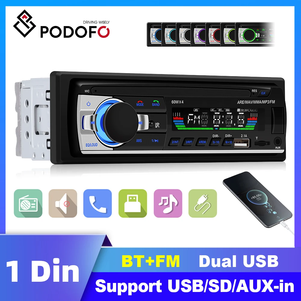 Podofo 1 Din Autoradio In Dash Tape Recorder Lettore Mp3 Fm Audio Stereo Usb/Sd Aux Input Porta Iso Bluetooth Autoradio