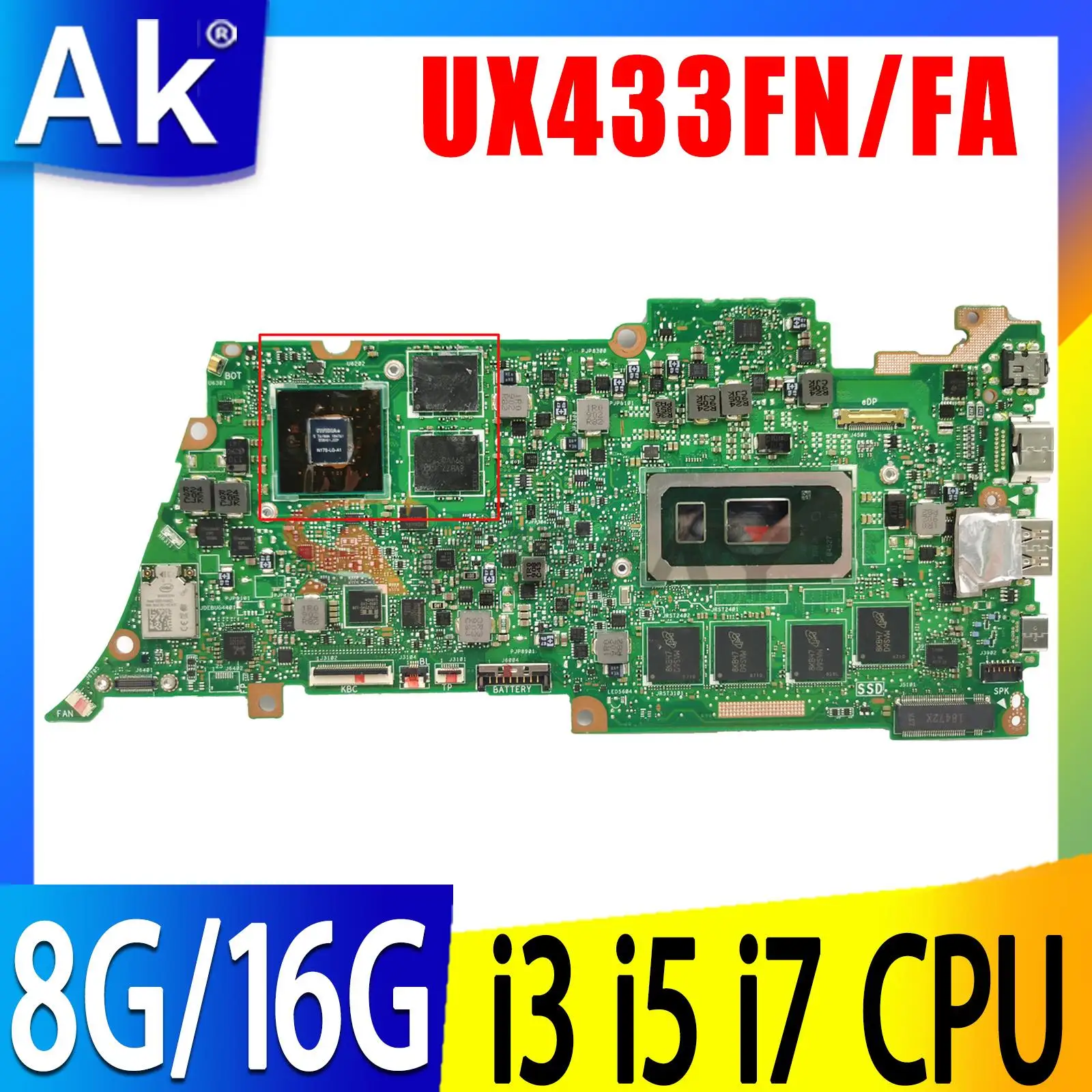 

UX433F For ASUS ZenBook 13 UX433FN UX433FA UX433 Laptop Motherboard with I3 I5 I7 8th Gen CPU 8G/16G-RAM MX150/UMA Mainboard