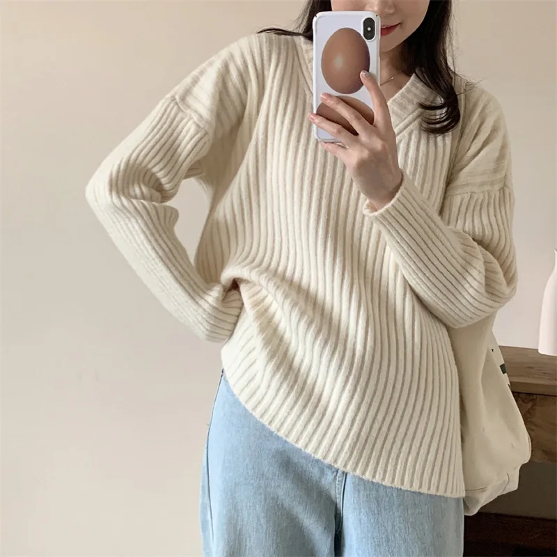 

French Lazy Sweater Women's Autumn and Winter New Solid Vertical Pit Stripe Slender Knit