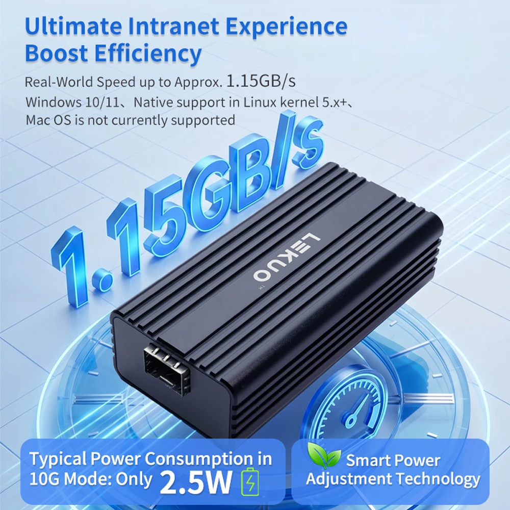 레쿠오 싱글 포트 10G SFP+ USB4 네트워크 카드 Realtek RTL8127ATF 썬더볼트 3/4/5 호환 윈도우/리눅스용 NAS 및 워크스테이션용