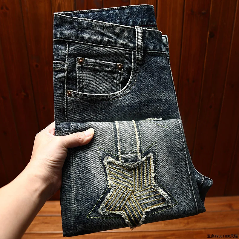 Light luxury trendy embroidered jeans men slim fit straight leg version fashionable trend elastic MEN'S high-end casual pants