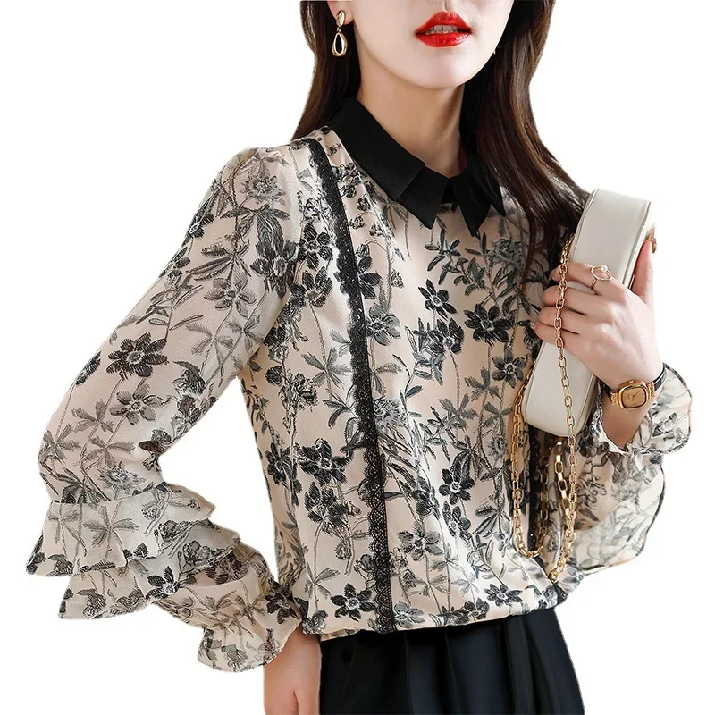 Ruffled Loose Blouses for Women Elegant Women's Tee Shirt Ladies Tops Design Sense Flower Color Foreign Fashion 2024