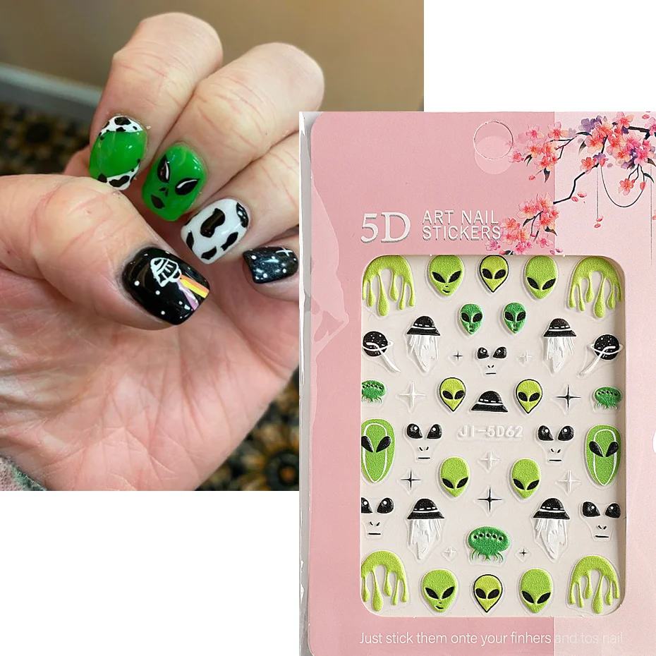 

5D Alien Creatures Embossed Nail Stickers Green Aliens Black Airship Design Cute Interstellar Style Nail Art Decors #JI-5D62
