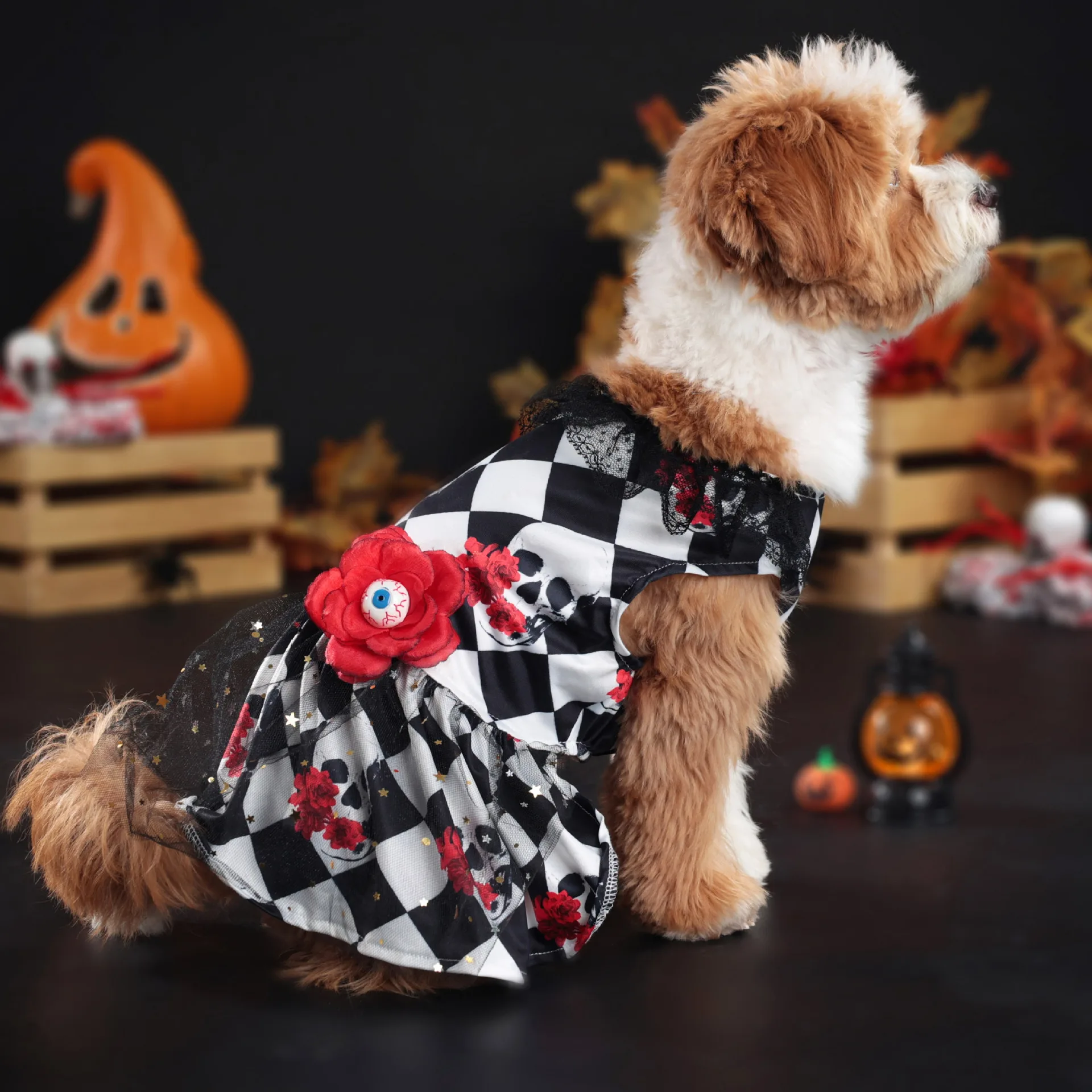 Robe Halloween Damier Noir Et Blanc Squelette Avec Fleurs - 2025 - Vêtement et accessoires pour chiens - Doglovedesign