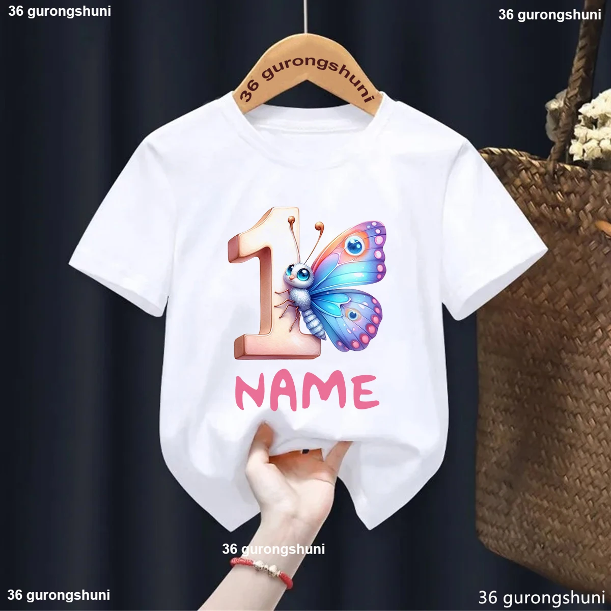 Watercolor Butterfly Number 1-9 Year Girl Tshirt Personalized Name For Children'S Birthday Party Costume Tshirt Cute Kids Tshirt 2