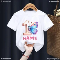Watercolor Butterfly Number 1-9 Year Girl Tshirt Personalized Name For Children'S Birthday Party Costume Tshirt Cute Kids Tshirt 2
