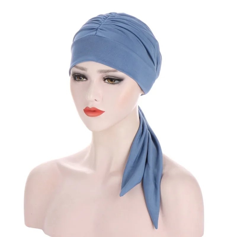 Solid Long Tail Bow Turban Hat Elastic Headwrap Scarf Beanies Hat India African Headband Muslim Hijab Ladies Night Cap 2023 6