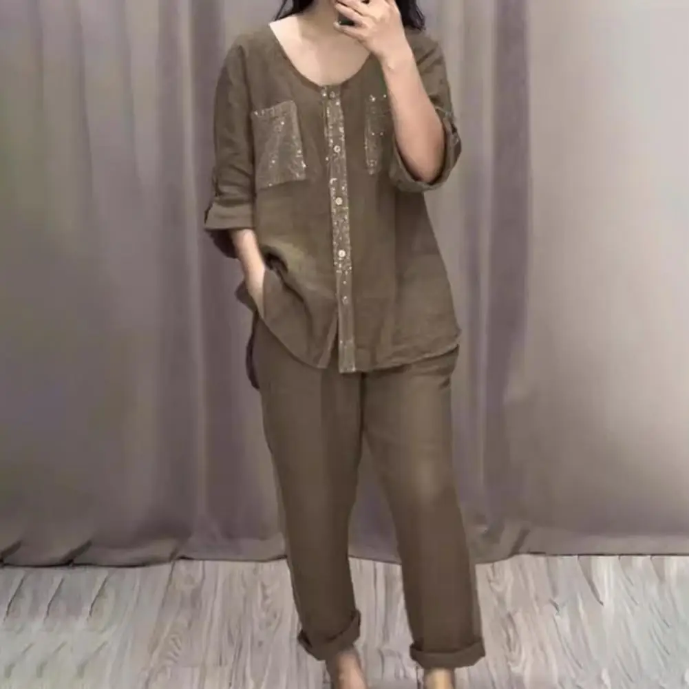 Women 2-piece Suit Women's Sequin Long Sleeve Top Wide Leg Trousers Set with Adjustable Waist Elegant Casual Outfit for Parties