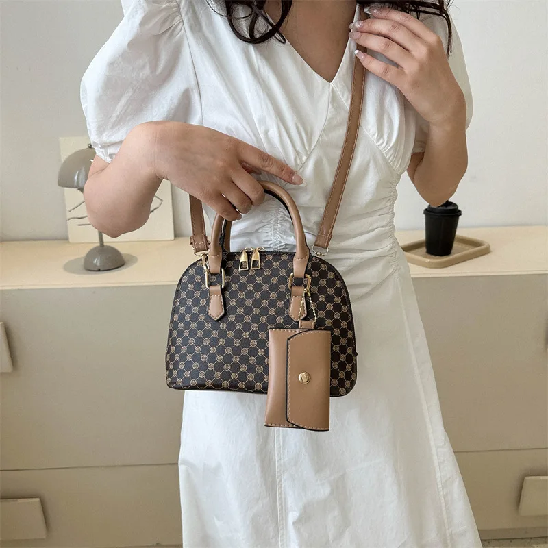 Luxury Shell Fashion Women's Handbag Simple Shoulder Bag Plaid Print Crossbody Bag with Mini Purse