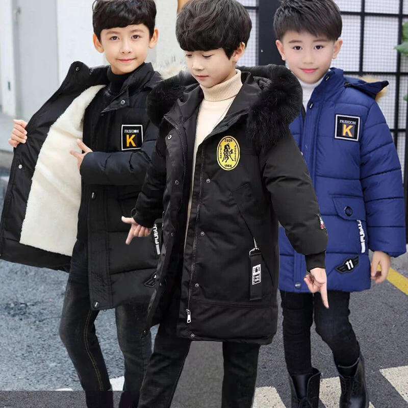 

4-14 Years Old Very Keep Warm Winter Boys Jacket Long Style Big Hair Collar Thick Hooded Coat For Kids Children Outerwear