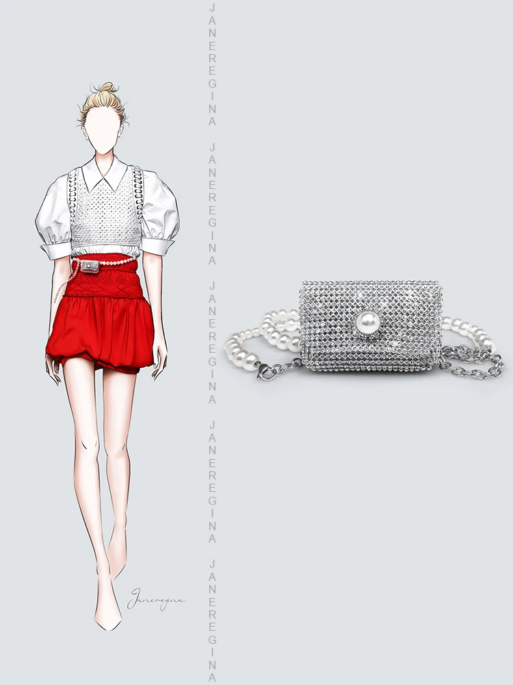 

Hxl Pearl Waist Chain Bag Advanced Super Mini Full Diamond Waist Bag Trend Chain Small Bag