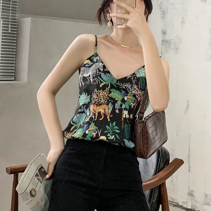 Women's Vest Sleeveless Tops Fashion  V-neck Stitching Printing Satin Sexy Summer silk camisole