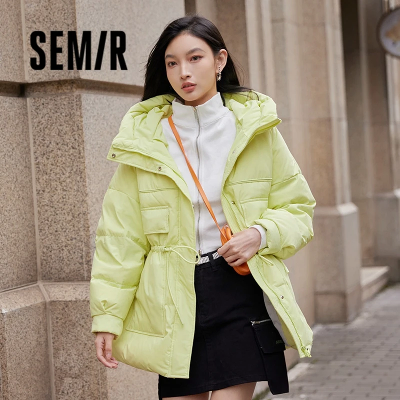 Semir Down Jacket Women Mid-Length White Duck Down Loose Drawstring Slimming 2023 Winter Waist Hooded Thick Down Jacket