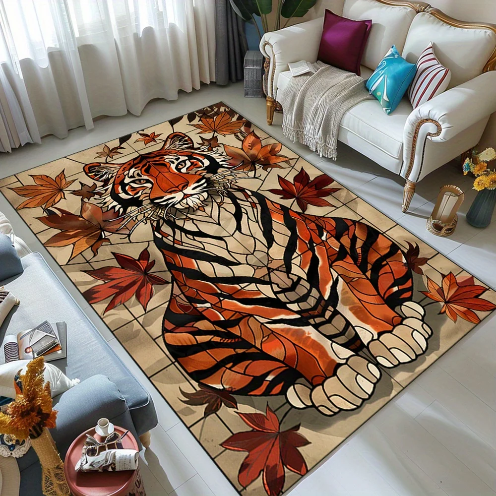 Large Tiger Print Area Rug - Durable Polyester Carpet with Stained ...