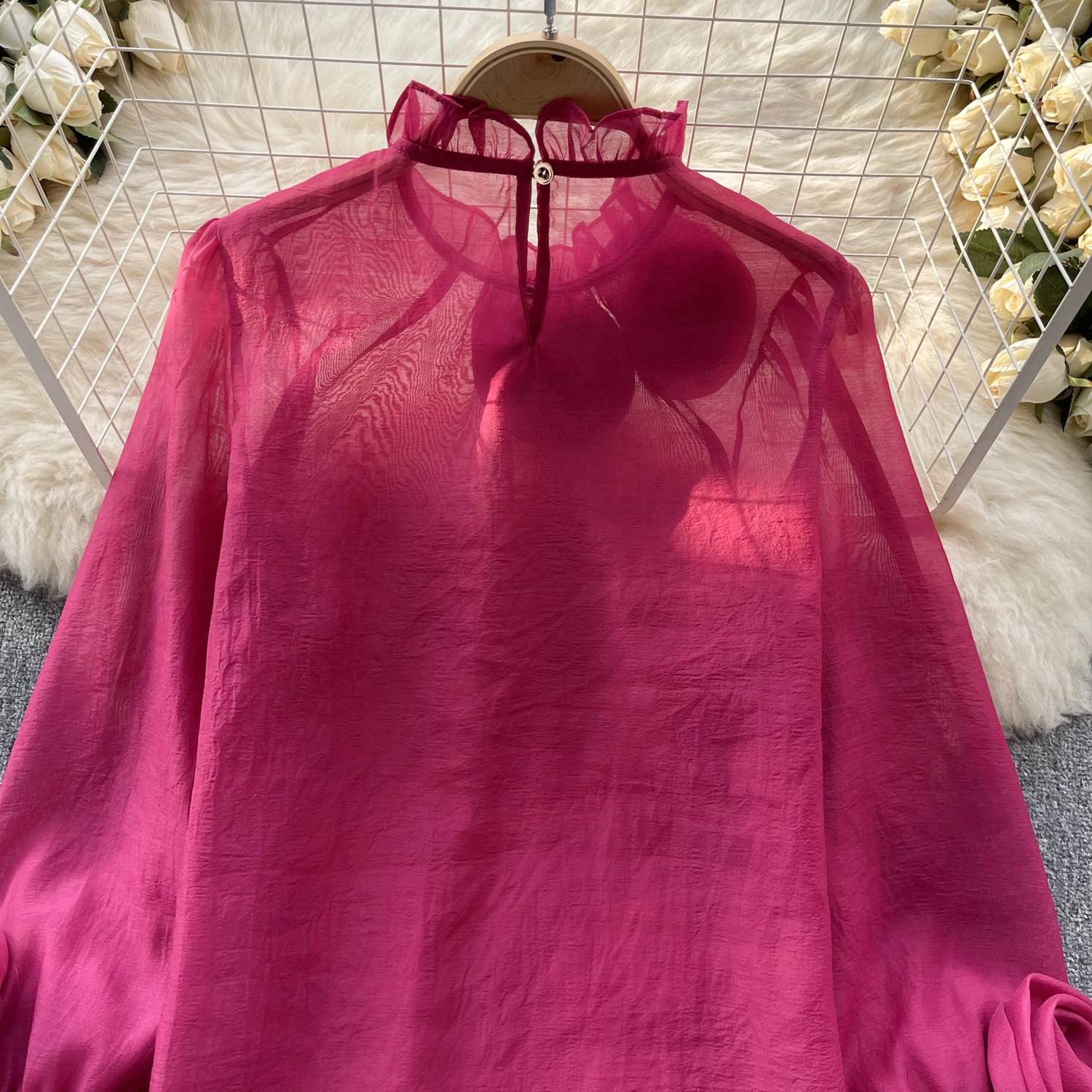 Sexy Puff Sleeve Long Sleeve O-Neck 3D Floral Pleated Blouse Slim Elegant Fashion Basic Chic Spring Summer Women Chiffon Shirt