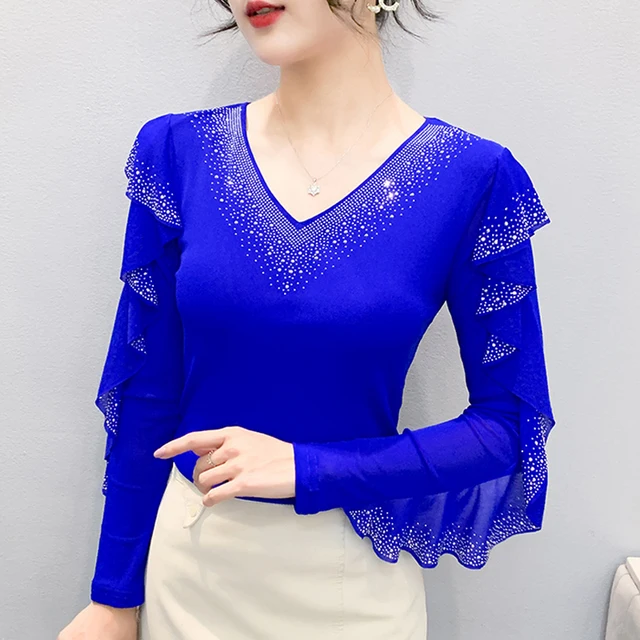 2025 Autumn New Style Mesh Tops Korean Fashion Round Neck Ruffles Shirt Lotus Leaf Edge Hot Diamond Long Sleeve Women T Shirt 1