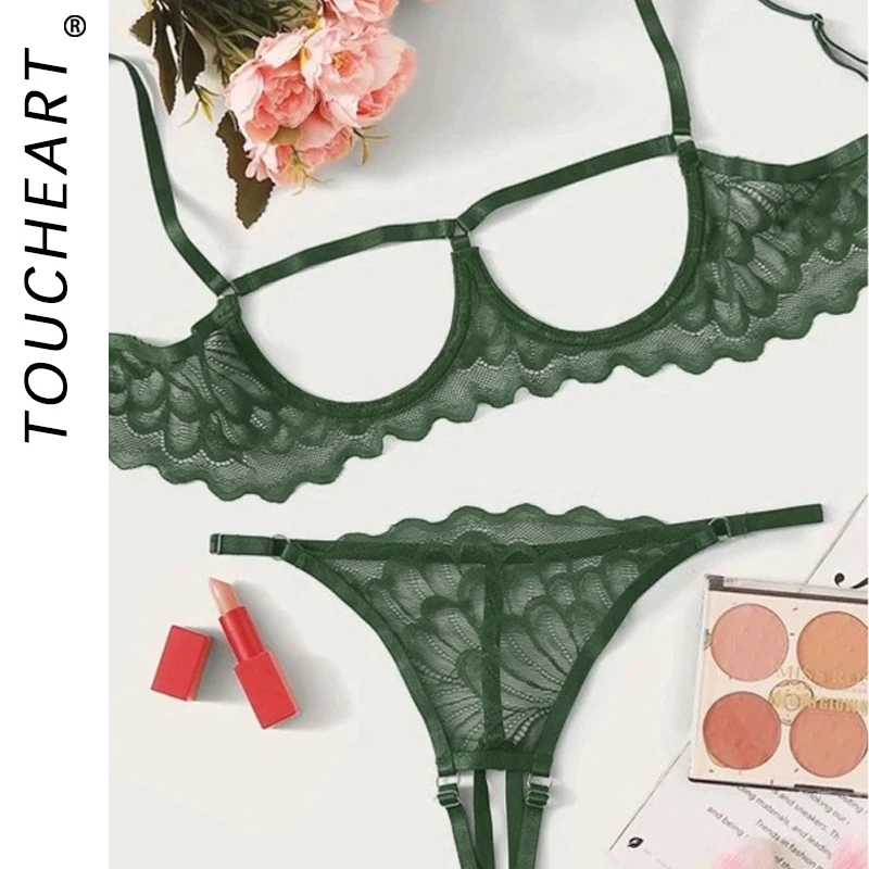 Toucheart 2-piece Set Showing Breasts Sexy Interesting Underwear Women Solid Color Mesh Hollow Out See-through Sexy Lingerie Set women lingerie