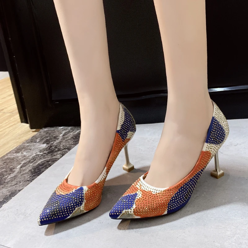 Fashion mixed-color Fretwork Pumps Women Autumn Party Wedding High Heels Shoes Woman Sexy Footwear New 2022