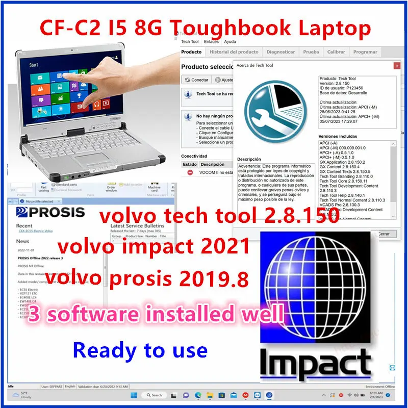 

2023 Premium Tech Tool 2.8.150 For VOLVO VOCOM 2 +For Volvo impact V9116 +For VOLVO Prosis 2019.08 in SSD + CF-C2 i5 8G laptop