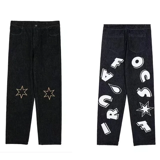 Carta Star Print Calça Jeans De Cintura Baixa Reta Baggy Roupas Cyber Y2k  Homens Coreano Streetwear Moda Hip Hop Estilo Combina Com Tudo Casual Longa  Larga - Escorrega o Preço