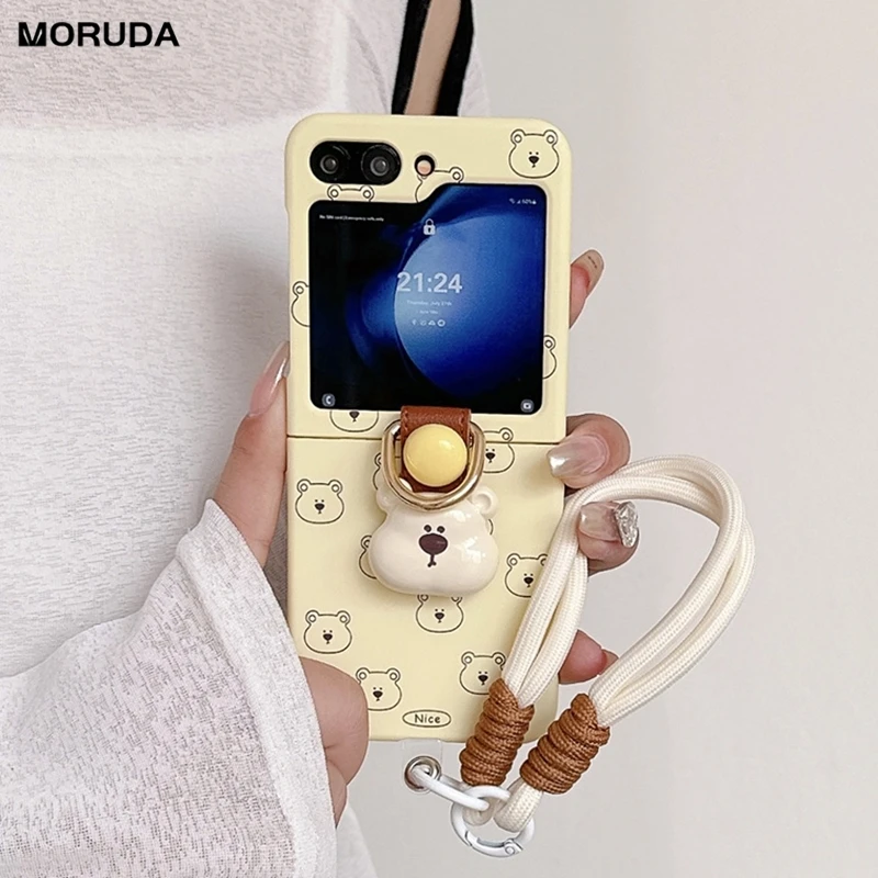 Charming 3D Bear Hand Strap Case with Lanyard Ring Holder - Shockproof Flip Cover