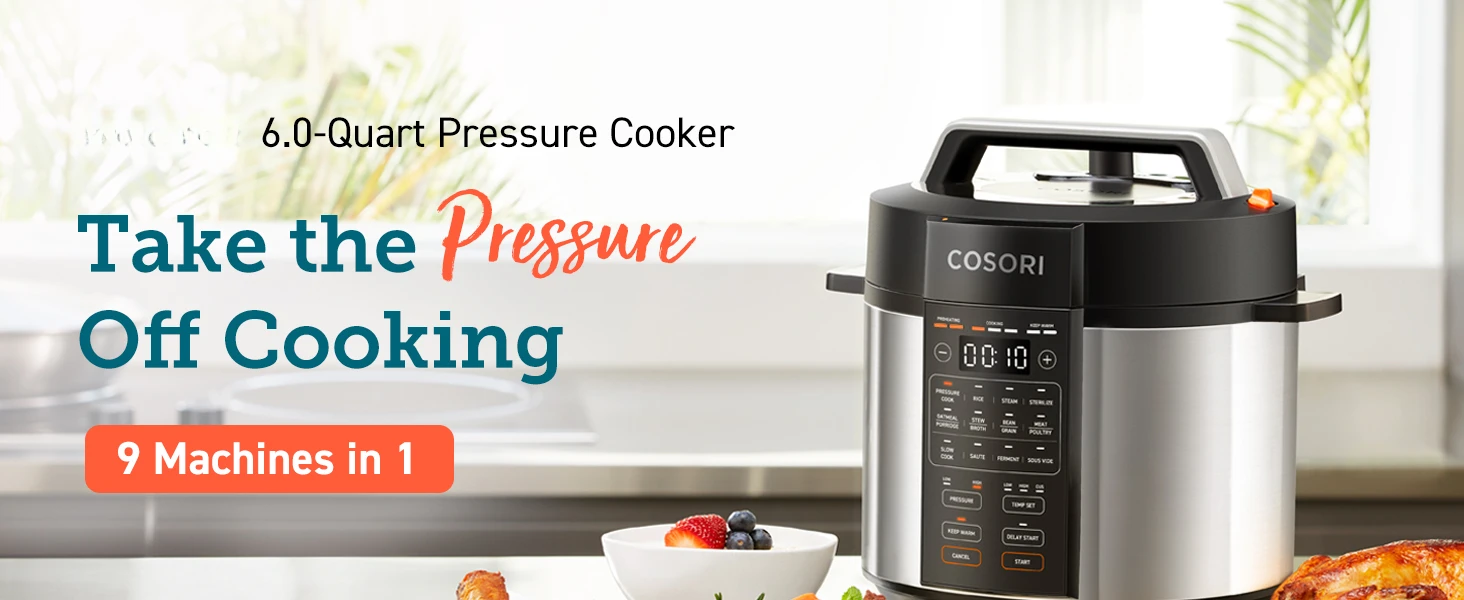 COSORI Electric Pressure Cooker, has 9 functions, is a 6-quart instant multi-cooker.