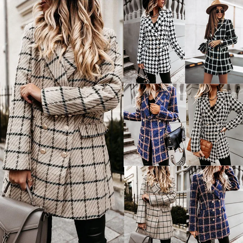 2023 new popular European and American women's plaid long-sleeved woolen coat