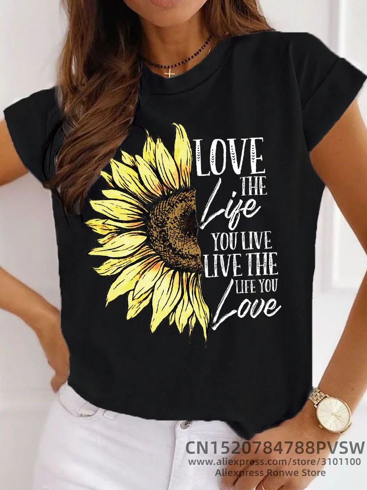 

Women Sunflower Printed Casual Basic O-Neck T shirt Young Girls Soft Hand Feel Y2K Harajuku T-shirts Female Tops Tees