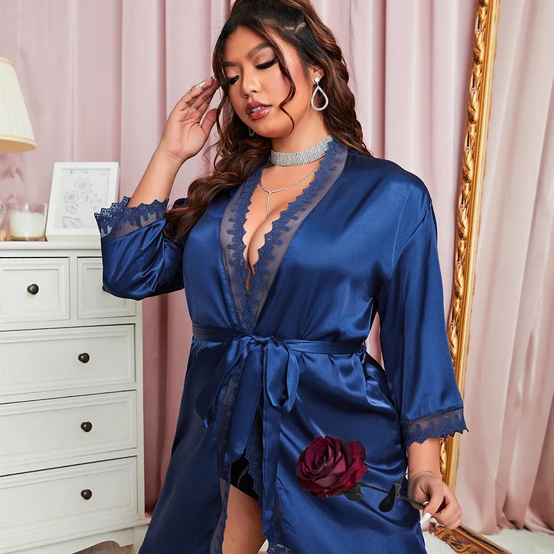 New Large Size Ice Silk Silk Bathrobe Women's Sexy Lace Home Clothes Nightgown Ladies Thin Cardigan Tie Pajamas
