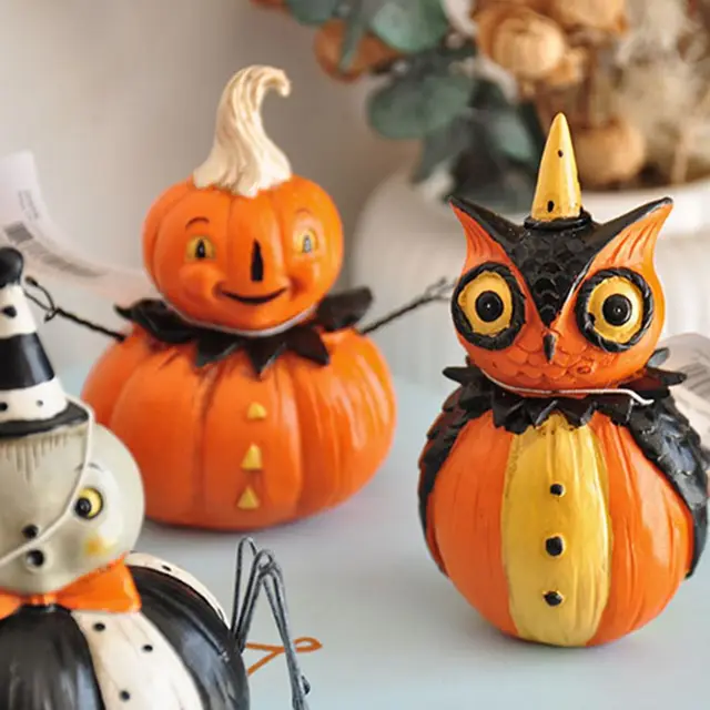 Halloween Dekoráció Macska Sütőtök Szellem Szórakoztató Jelenet Retro Kézzel Készített Festett Fekete Ajándék Szobor Kreatív Gyanta - Image 5