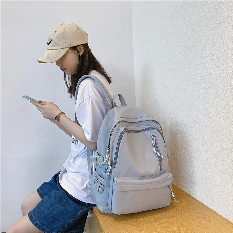 Fashion Backpack Women Multi-Pocket Anti-Theft Backpack Solid Color Nylon School Bag For Girl Large Capacity Cute Travel Backbag