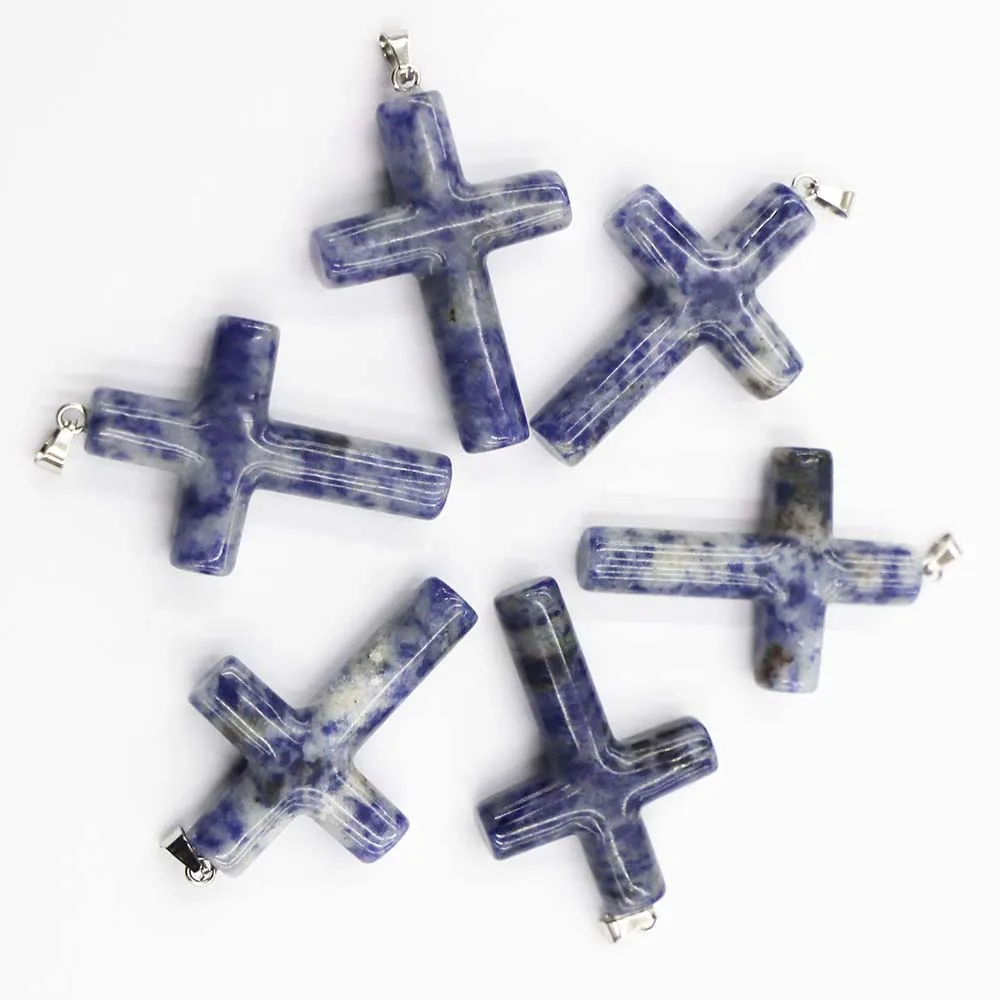 Natural Semi-precious Stone Pendant Cylindrical Cross Necklace Religious Belief Jewelry Accessories 6Pcs Wholesale Free Shipping