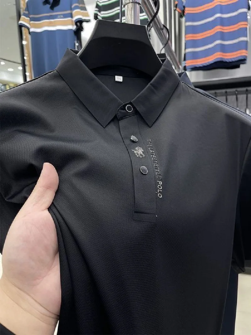 2023 High-End Solid Color High Quality Short Sleeve Polo Shirt Lapel Collar New Men Fashion Casual No Trace Printing