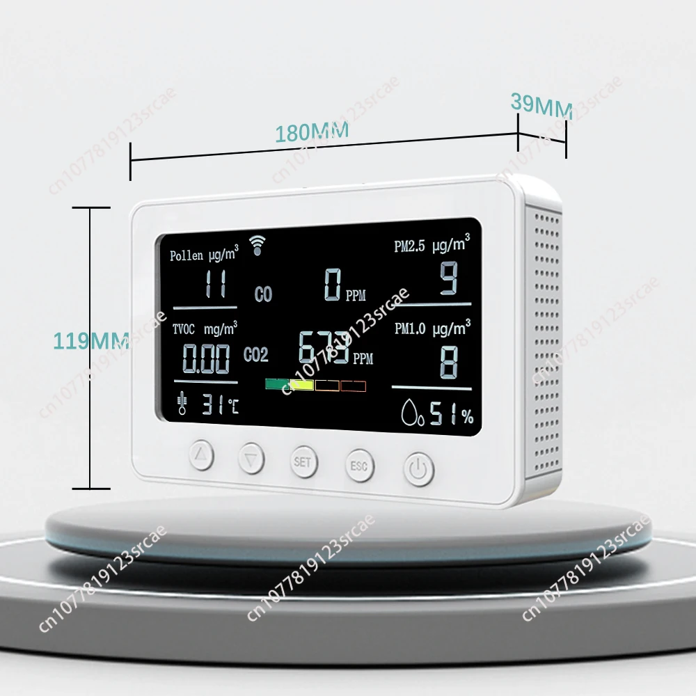 앱 제어, NDIR 센서, TVOC, 꽃가루 및 PM2.5 실내 오염 감지 기능을 갖춘 스마트 공기질 CO2 측정기