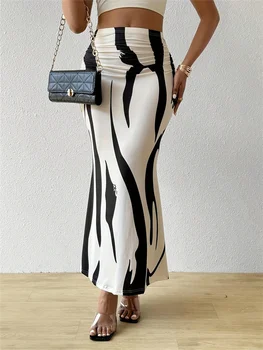 Women's Summer Bodycon Long Skirt Casual High Waist Zebra Print Slim Fit Skirt Elegant Fishtail Skirt 1