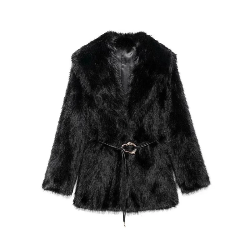 2025 Winter Hot Brown Belted Faux Fur Coat Women Thick Warm Long Fox Fur Jacket Chic Brand Fashion Girls Furry Overcoat
