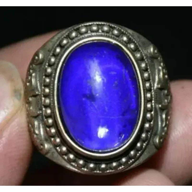 

1.2" Rare Old China Silver Inlay Purple Jade Gem Oval Shape Finger Ring Rings