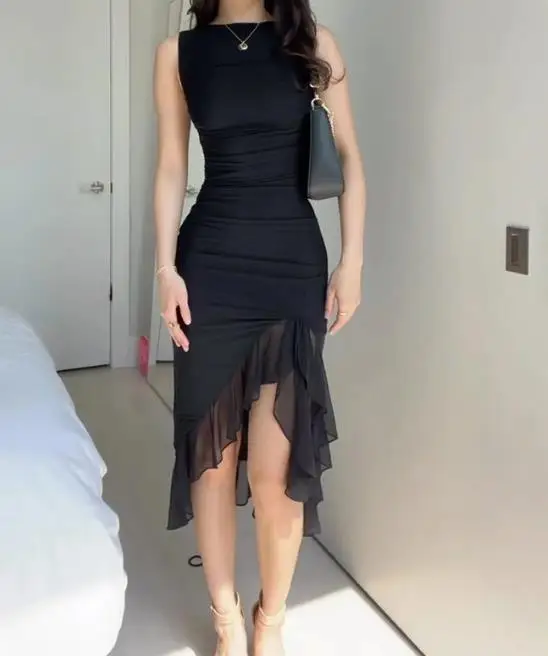 

Women's Summer New Gentle Style Zipper Fashion Round Neck High Waist Solid Color Sleeveless Tight Medium Length Skirt Dress