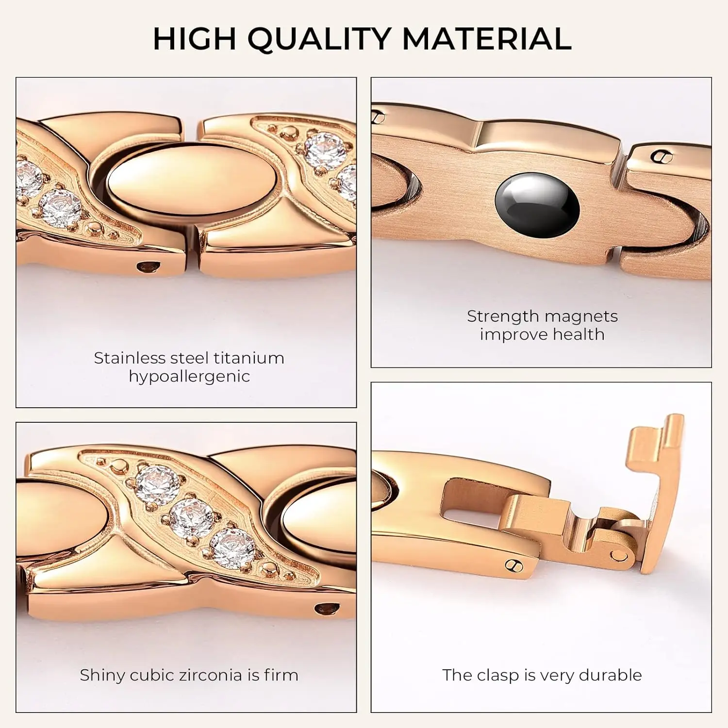 ARADOO Luxus Zirkonia Kristalle Titan Stahl Armband Edelstahl Hämatit Magnetische Therapie Link Armband Für Frauen – Detail 4